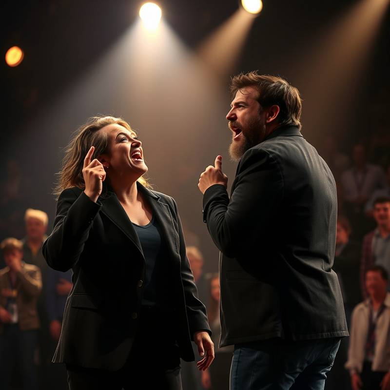 Actors performing passionately on stage